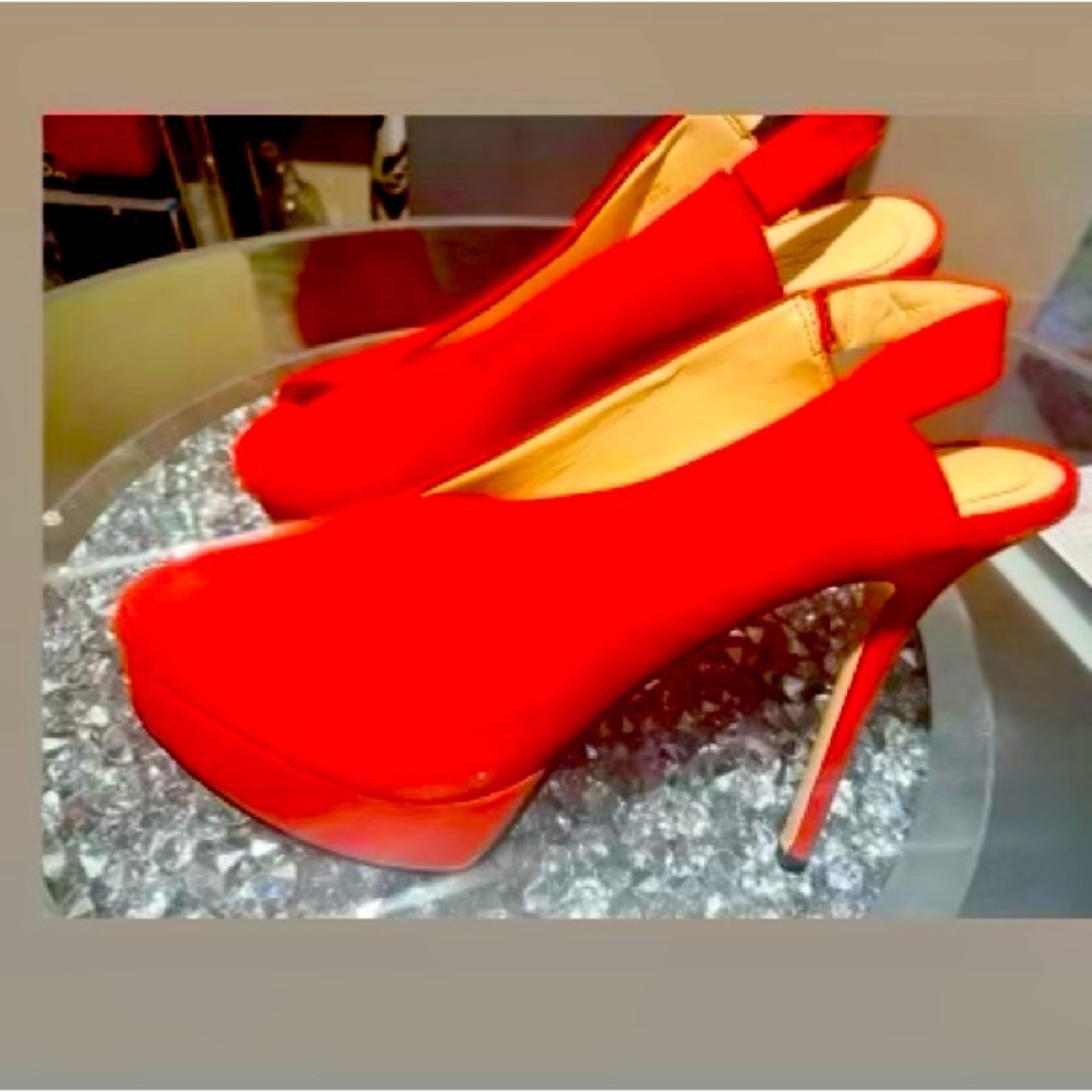 Red suede platform Vince Camuto heels